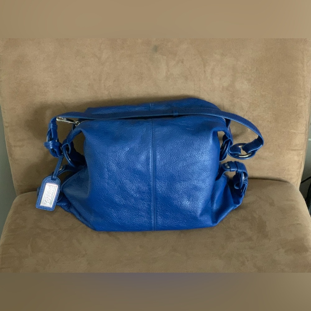 Badgley Mischka royal blue leather hobo bag, 15”L x 12.5”H x 4”W